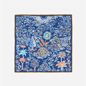 Detail view of the artistic sun and nature print on silk-like navy blue square scarf