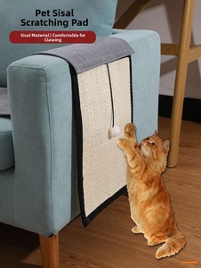 Cat sisal scratching mat protector for sofa armrest with white plush toy ball and cat
