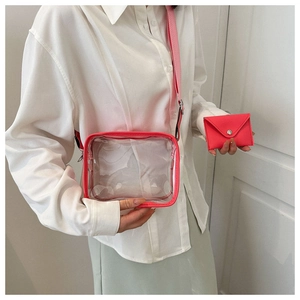 Detail of transparent PVC jelly bag with pink fabric trim and matching small envelope pouch