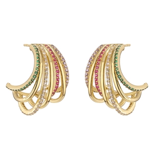 Elegant multi-layer gold C-shaped earrings with colorful micro-pave cubic zirconia