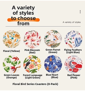 Detailed set of 8 round floral and bird series coasters with vibrant painted patterns