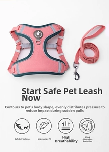 Pink breathable mesh dog harness and leash set with reflective strips and logo detail