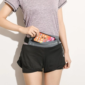 Close-up of grey waterproof running belt showing adjustable buckle and slim phone pocket