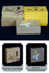 Detailed view of vintage Buddhist bead gift boxes with traditional embroidery and patterns