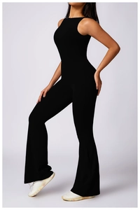 Detail of black sleeveless backless jumpsuit featuring a slim fit flare leg and high elastic fabric