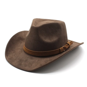 Brown western cowboy hat in felt suede with decorative leather band and metallic buckle