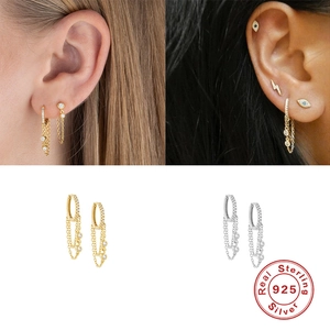 S925 sterling silver tassel chain hoop earrings with cubic zirconia drops for women