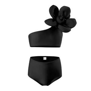 Maillot de bain deux pièces noir pour enfants avec haut asymétrique à fleur 3D et culotte haute