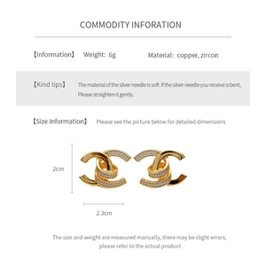 Detailed product size chart showing 18k gold plated double C earrings with zircon