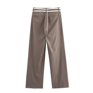 Rear view of brown striped wide-leg trousers with a slim white belt for office wear