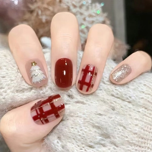 Christmas Press On Nails Short Square Red Checkered Glitter Xmas Tree Design Glossy False Nails Holiday Party For Women