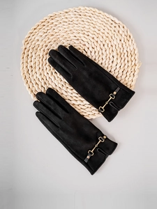 Chic black faux suede touchscreen gloves for women featuring gold horsebit buckle accents