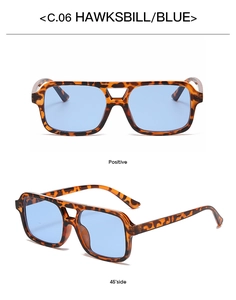 Detail view of tortoiseshell double bridge sunglasses with blue lenses from two angles