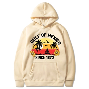 Beige Gulf of Mexico beach sunset hoodie with vintage palm tree graphic print