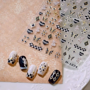 Houndstooth butterfly relief nail stickers with gold foil and heart patterns M-1074