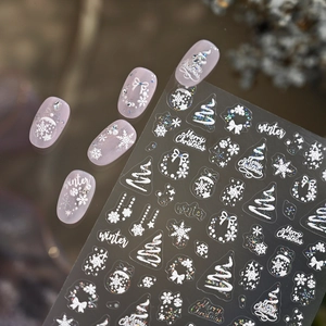 5D Christmas Nail Stickers Embossed Snowflake Christmas Tree Winter White Glitter 3D Relief Decals For Women