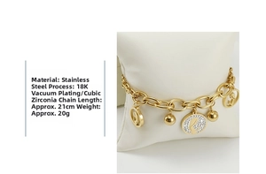 Detail of 18K gold plated stainless steel chain bracelet with rhinestone charms