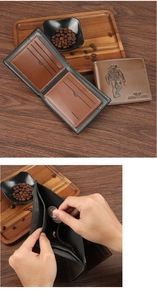 Close-up of men's bi-fold wallet featuring multi-card slots and a zipper coin pocket