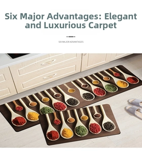 Detail of two-piece kitchen rug set featuring realistic spice patterns and wooden spoons