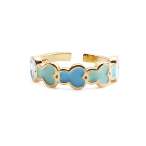 Golden adjustable bear ring with light blue and teal enamel bears in a row