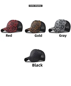 Detail view of colorful mesh back trucker hats showing plaid patterns and embroidered logos