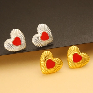 925 silver heart stud earrings with red enamel inlay and textured golden and silver finish