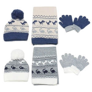 Kids Dinosaur Knitted Hat Scarf And Gloves Warm Winter Cartoon Acrylic Jacquard Beanie For Boys Toddlers
