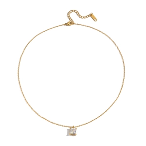 Detail of titanium steel gold necklace with square zircon pendant and S.Steel tag