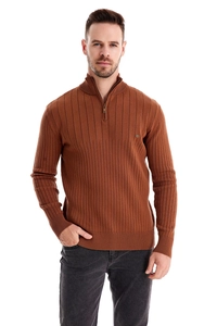 Close-up of vertical ribbed texture and half-zip collar on men's rust-red knit sweater