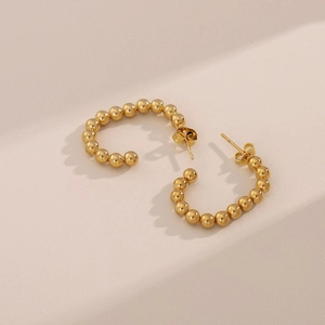 Minimalist 18K gold plated stainless steel C-shaped beaded hoop earrings for women