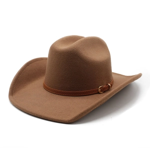 Classic brown western cowboy hat with a leather belt buckle on a wool felt fedora