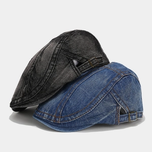 Retro denim beret with adjustable side metal buckles in dark grey and classic blue