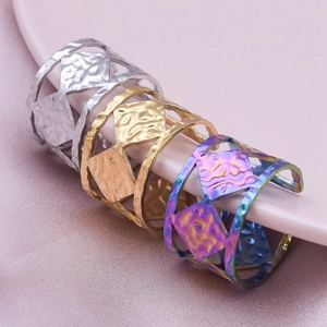 Minimalist 304 Stainless Steel Geometric Open Ring For Women Men Vintage Hammered Texture Hollow Out Adjustable Band Ring Fashion Jewelry