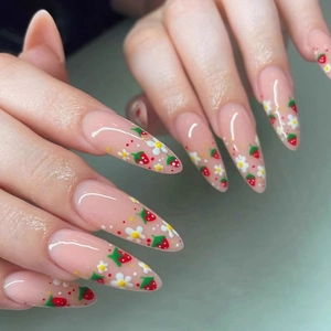 Long Stiletto Press On Nails ABS Sweet Strawberry White Flower Pattern W835 Glossy Nude Pink False Nails For Women