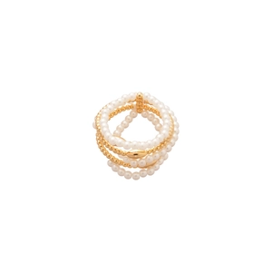 Elegant multi-layer gold plated ring with white pearls and gold beads on white background