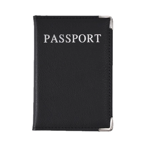 Black PU leather passport holder with silver PASSPORT imprint and metal corner protectors