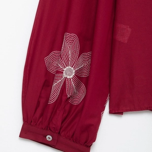 Vintage raspberry red shirt with white floral embroidery and buttoned pleated cuffs