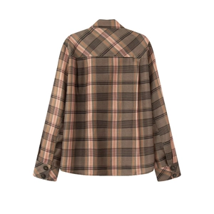 Brown and pink plaid oversized shirt for women featuring a long sleeve back view design