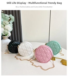 Detailed view of four colorful quilted round mini bags with gold chain straps