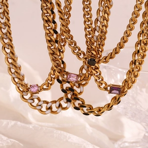 18K gold plated Cuban chain necklace with colorful zircon stones and enamel accents