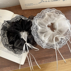 Elegant Lace Mesh Scrunchie With Long Satin Ribbon Bow Handmade Balletcore French Style Hair Tie Women Hair Accessories