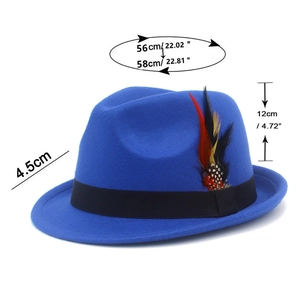 Royal blue fedora with feather detail showing 12cm height and 56-58cm head circumference
