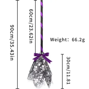 Detail view of 90cm Halloween witch broom with purple bow and silver skull mesh