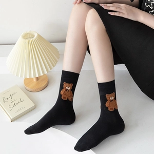 Cute black cotton mid-calf socks with brown plush bear embroidery in preppy style