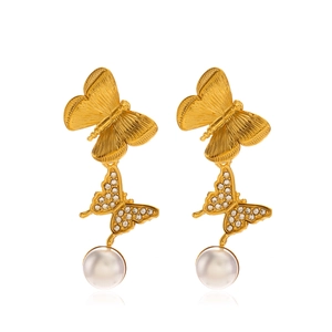 Luxury 18K gold plated butterfly earrings with sparkling crystals and pearl drops