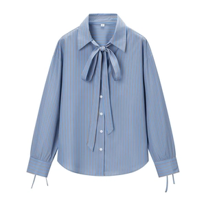 Striped Long Sleeve Blouse With Bow Tie Neck Polyester Woven Casual Office Shirt For Women Elegant Blue Tops