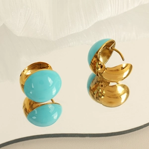 Minimalist sky blue enamel semi-round huggie hoop earrings with gold plated base
