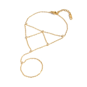 Elegant 18K gold plated stainless steel mesh chain finger bracelet with clear zircons