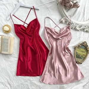 Nuisette Sexy En Satin Pour Femmes Col Bénitier Bretelles Spaghetti Dos Nu Vêtements De Nuit Soyeux Robe De Nuit Croisée