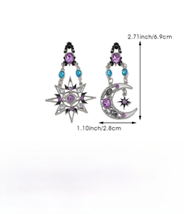 Baroque sun and moon drop earrings dimensions showing 6.9cm height and 2.8cm width details